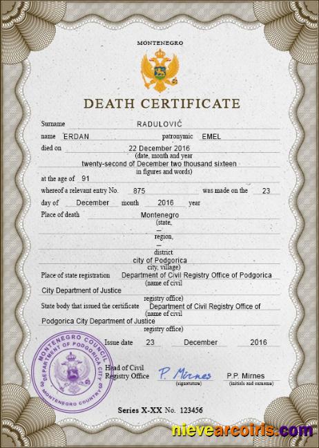 Montenegro vital record death certificate